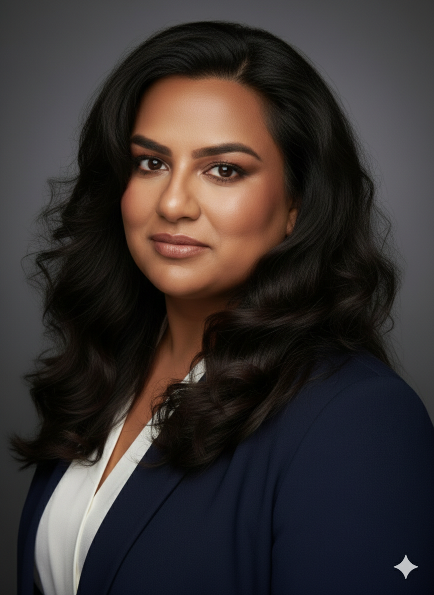 Above shows Neera wearing a white blouse and blue blazer, she has dark brown skin and black wavy hair