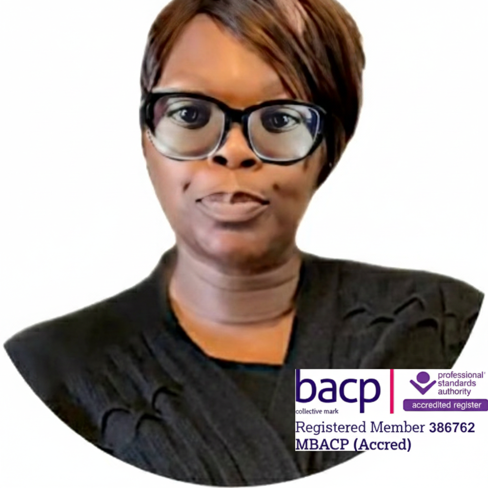 A professional portrait of Frances Palmer-Thompson, a woman with short hair and dark-rimmed glasses, looking directly at the camera with a calm, warm expression. She is wearing a textured black garment. The photo is set against a plain white background. In the bottom right corner, there is a white rectangular overlay containing the BACP 'accredited register' logo, along with the text 'Registered Member 386762 MBACP (Accred)