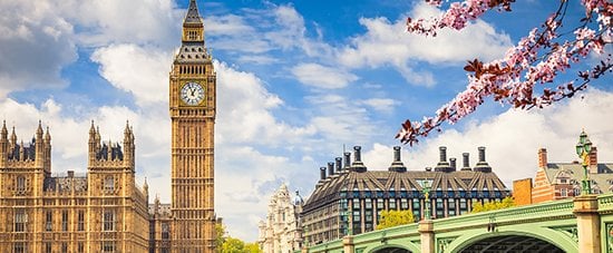 A scenic view of Westminster bridge and the Houses of Parliament on a sunny day.