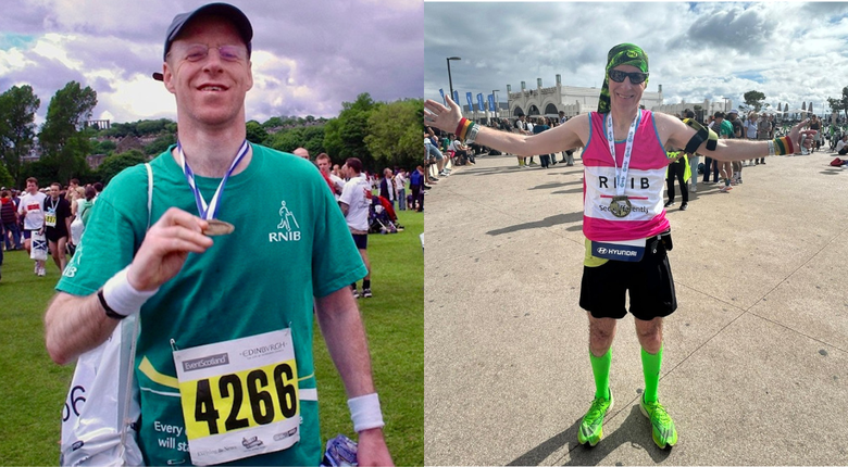 Side by side: Archie MacGregor showing his marathon medals in 2005 and 2025. In 2005, Archie is wearing a light blue t-shirt with the old RNIB branding, and in 2025, he wears a pink and white RNIB vest, stretching out his arms in sunny Lisbon.