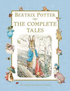 Book cover of "The Complete Tales" by Beatrix Potter. The center illustration shows Peter Rabbit wearing a blue jacket and carrying a red bag. Smaller illustrations of other animal characters, such as ducks, mice, and squirrels, decorate the border against a light blue background.