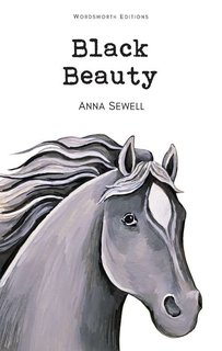 Image shows a black and white illustration of a horse, with the text Black Beauty by Anna Sewell.