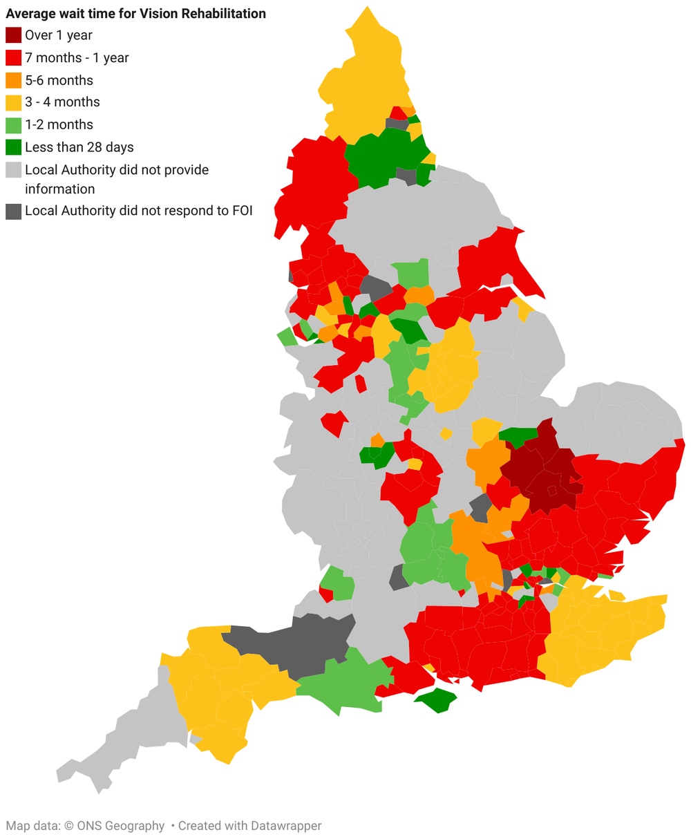 Colour coded vision rehabilitation wait time map of England.