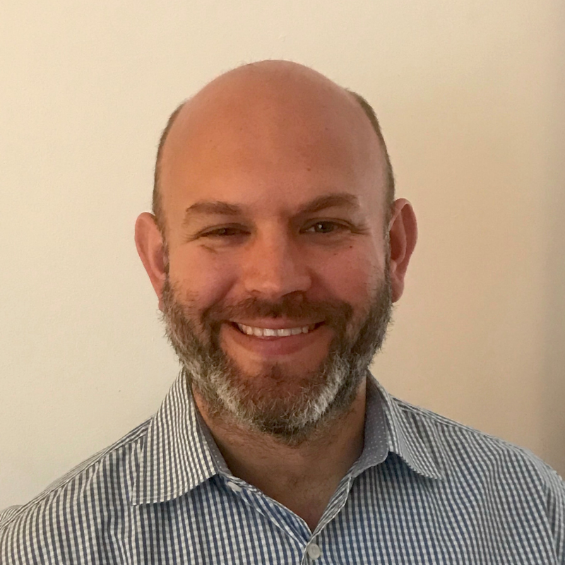 Dan Fisher, Interim Chief Strategy and Public Affairs Officer at RNIB. Dan has a bald head and beard, wears a blue checked shirt and is smiling.