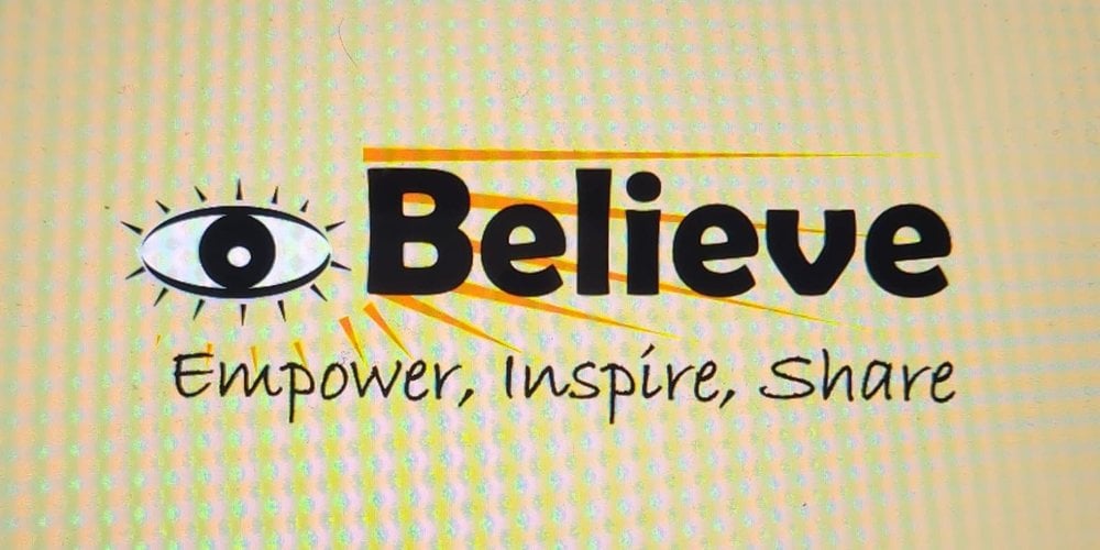 Eye Believe logo. A graphic design of an eye, with Believe written next to it in black text. 'Empower, Inspire, Share' is written in black text underneath. The background is a pale, abstract pattern.