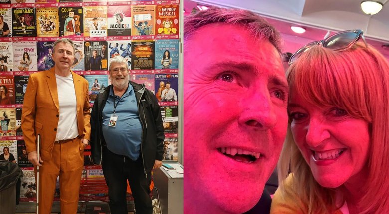 Two photos- Jamie and Bill in front of a wall of Fringe posters. Jamie is wearing a bold orange suit. The other photo is a selfie of Jamie and Jane smiling.