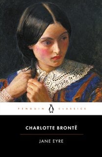 The image is the cover of the Penguin Classics edition of Jane Eyre by Charlotte Brontë. It features a painted portrait of a young woman with dark hair parted in the center, tied back, and wearing a white lace collar over a blue dress with red-brown stripes. She appears to be adjusting her hair and is gazing to the side. The bottom portion of the cover is black with the text “CHARLOTTE BRONTË” and “JANE EYRE” in white, separated by a thin orange line, and above that, the Penguin Classics logo in orange and black.