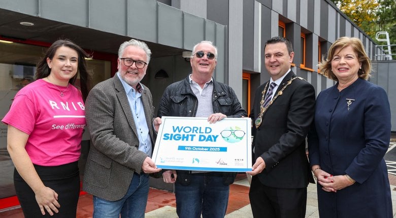 Kirsty Campbell and Robert Shilliday from RNIB Northern Ireland with Richard Moore from Children in Crossfire, the Mayor of DCSDC Ruairi McHugh and Dr Catherine O'Mullan from NWRC