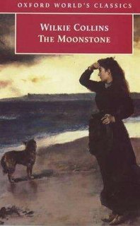 Book cover of The Moonstone by Wilkie Collins, published in the Oxford World's Classics series. The illustration depicts a woman in a long dark Victorian dress standing on a windswept beach at dusk, one hand shielding her eyes as she gazes toward the horizon. A small dog stands nearby on the sand, looking in the same direction. The sky is overcast with dramatic clouds, and the sea appears dark and moody, suggesting an atmosphere of mystery and tension.
