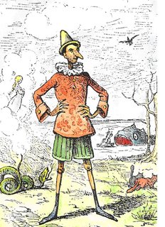 In this scene from Pinocchio, we see the famous puppet himself standing proudly in the center, with his hands on his hips. Pinocchio’s got this long, pointy nose and he’s dressed in a colorful, old-fashioned outfit—a red shirt with intricate patterns, green shorts, and a yellow pointed hat that makes him look even more like a puppet. His body is thin and jointed, just like you’d expect from a wooden puppet.

Behind him, there’s a lot going on. To the left, there’s a fairy-like figure, surrounded by a swirl of mist or magic, which hints at her magical powers. Off in the distance, you can see a huge sea creature—probably the giant whale from the story—peeking out of the water with its mouth open wide.

On the ground near Pinocchio’s feet, there’s a snake coiled up, which adds a bit of a dangerous vibe to the scene. And over to the right, a small animal, maybe a fox or cat, is dashing away as if it's part of some other mischief. If you look closely, you’ll even spot a bird or something similar flying across the sky in the background.

The whole scene feels full of adventure, with Pinocchio standing confidently, ready for whatever comes next. It’s drawn in that classic, old-school style you’d expect from a vintage storybook.