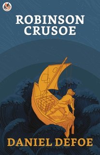 The cover of the book "Robinson Crusoe" by Daniel Defoe features a simple yet striking design. The background consists of dark, swirling ocean waves, rendered in deep blues and teals. These waves create a sense of motion and depth, hinting at the tumultuous sea adventures that are central to the story.

In the foreground, the main focus is on a stylized, golden-yellow silhouette of a man on a small boat. The man is sitting, steering the boat with a makeshift sail. The boat appears to be small and rudimentary, suggesting that it's either a lifeboat or a vessel he constructed himself. The figure’s posture is one of concentration and effort, indicating that he is navigating through rough waters.

Above this scene, the title "Robinson Crusoe" is written in bold, white, uppercase letters. The author's name, "Daniel Defoe," is placed at the bottom in a similar style, but the text is golden-yellow, matching the color of the boat and the figure. The overall design is clean and visually engaging, capturing the essence of a solitary man’s struggle for survival at sea.