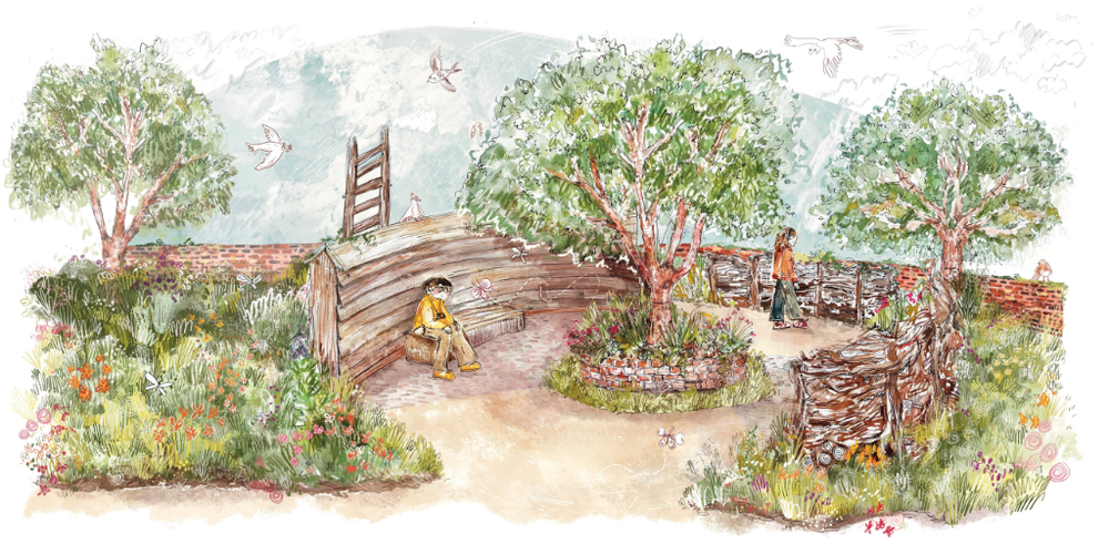 A watercolour illustration of the RNIB Sandringham garden. It features a circular walking space with a tree and bushes in the middle, one person is sat down with another walking. Around this area are different plants and flowers with birds flying in the sky.
