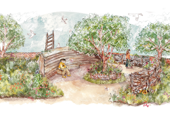 A watercolour illustration of the RNIB Sandringham garden. It features a circular walking space with a tree and bushes in the middle, one person is sat down with another walking. Around this area are different plants and flowers with birds flying in the sky.