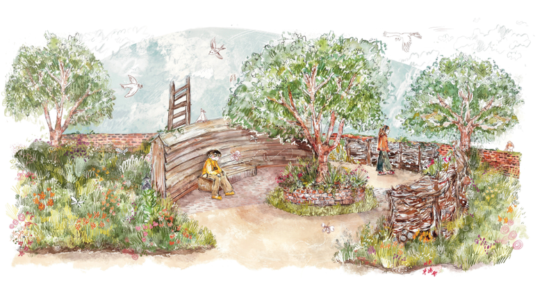 A watercolour illustration of the RNIB Sandringham garden. It features a circular walking space with a tree and bushes in the middle, one person is sat down with another walking. Around this area are different plants and flowers with birds flying in the sky.