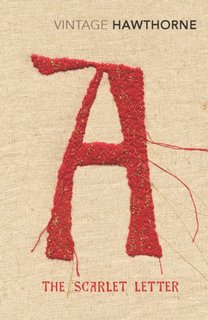 A book cover with a textured beige fabric background featuring a large, hand-stitched red letter “A” made of rough, slightly frayed thread. Above it reads “Vintage Hawthorne,” and below, in red text, “The Scarlet Letter.”