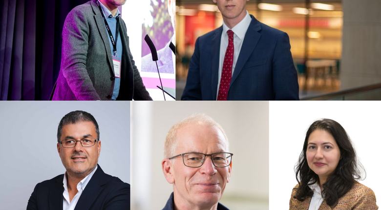A collage of five professional portraits of the new trustees. Top left is Nigel Fletcher speaking at a podium with a microphone, wearing glasses and a grey blazer, with purple lighting behind him. Top right is Andrew McCracken in a blue suit and red tie standing indoors with warm, blurred lights in the background. Bottom left, Barry Hoffman is wearing a dark suit with arms crossed against a plain light backdrop. Bottom centre is Graham Colbert wearing glasses and a blue sweater, softly lit. Bottom right: Zayna Ali is in a brown tweed jacket and white shirt against a white background.