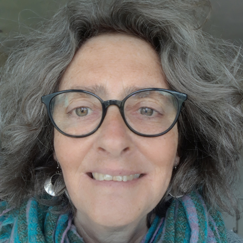 Fran Fleming. An older white woman with curly grey hair smiling softly at the camera. She's wearing glasses with black frames and a blue and purple stripey scarf.