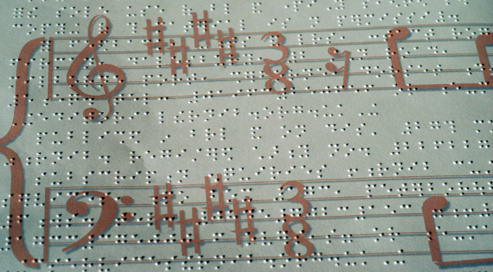 A close-up of a piece of Braille music.